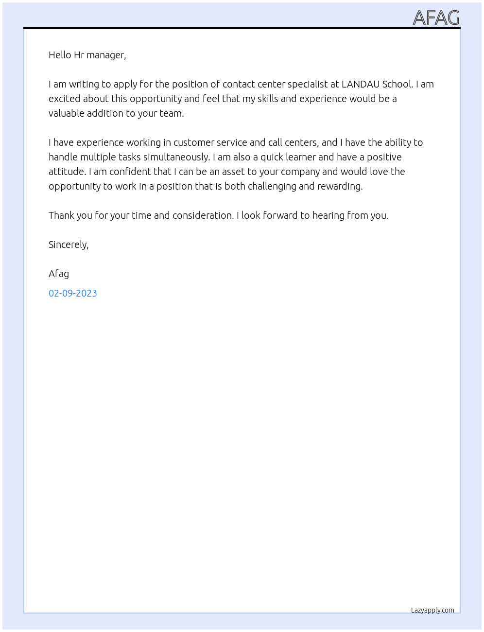 contact center specialist At LANDAU School Cover Letter