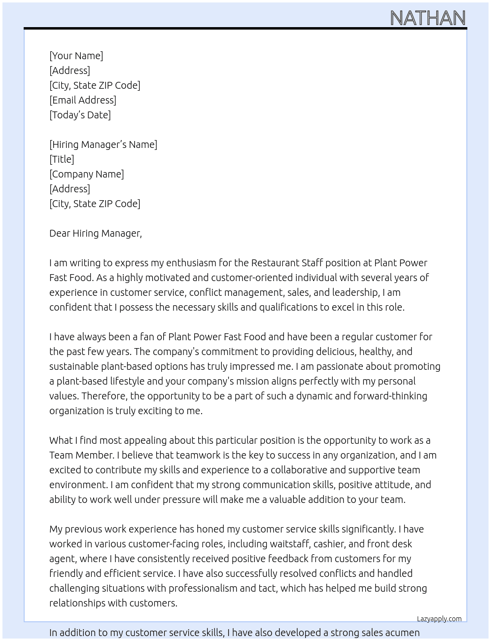 Restaurant staff At Plant Power Fast Foof Cover Letter