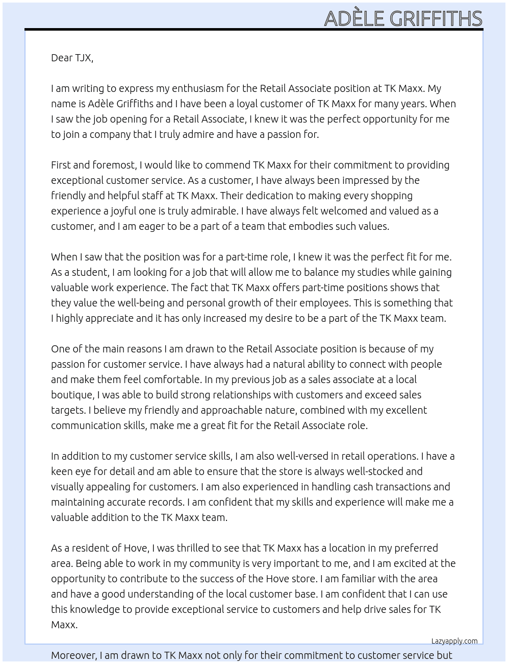 Retail Associate At TK Maxx  Cover Letter