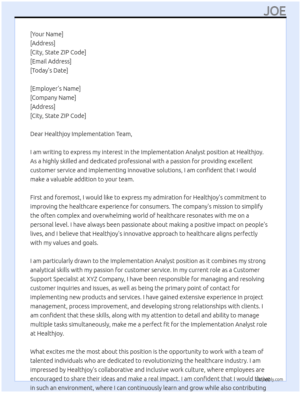 Implementation Analyst At Healthjoy Cover Letter