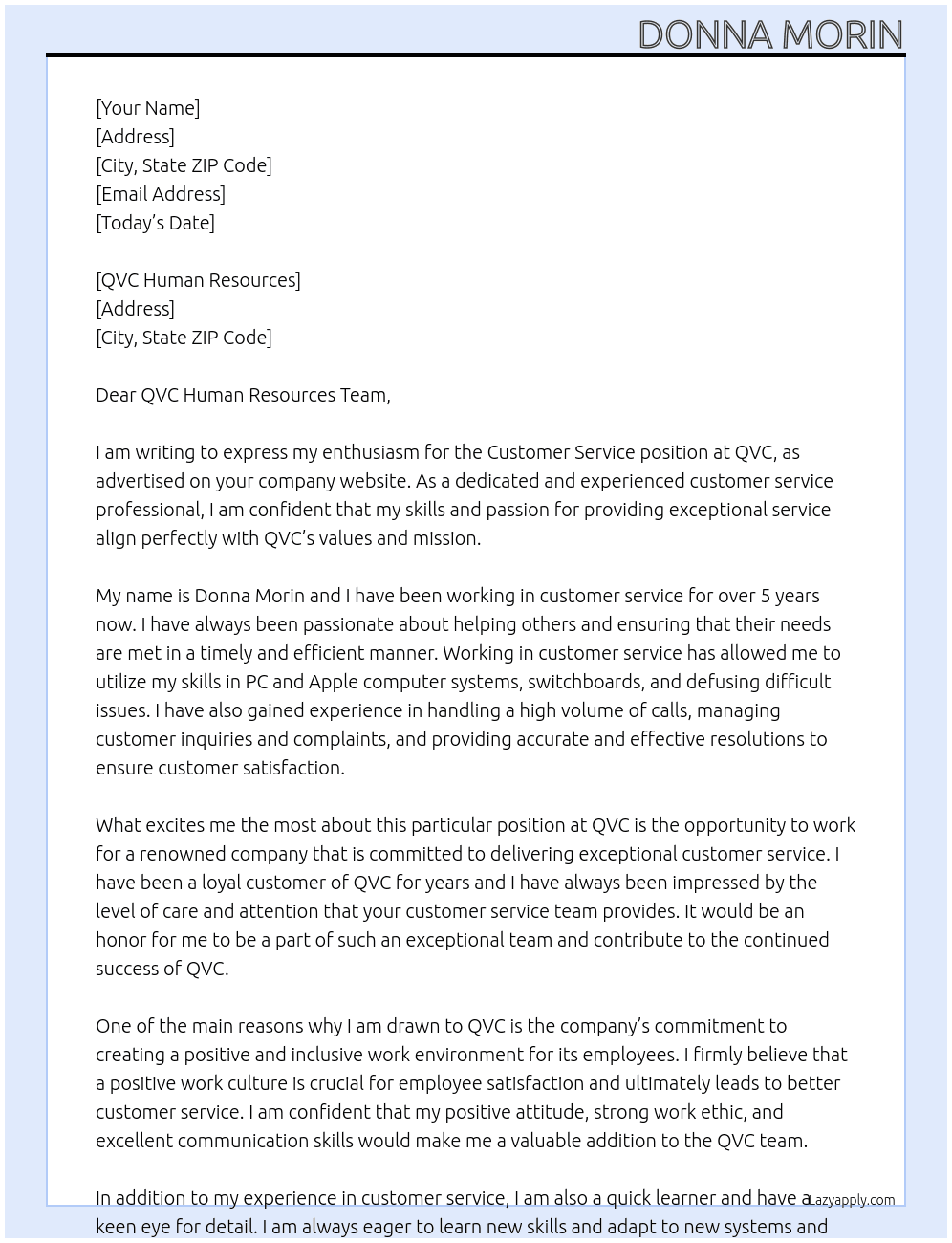 Customer Service  At QVC Cover Letter