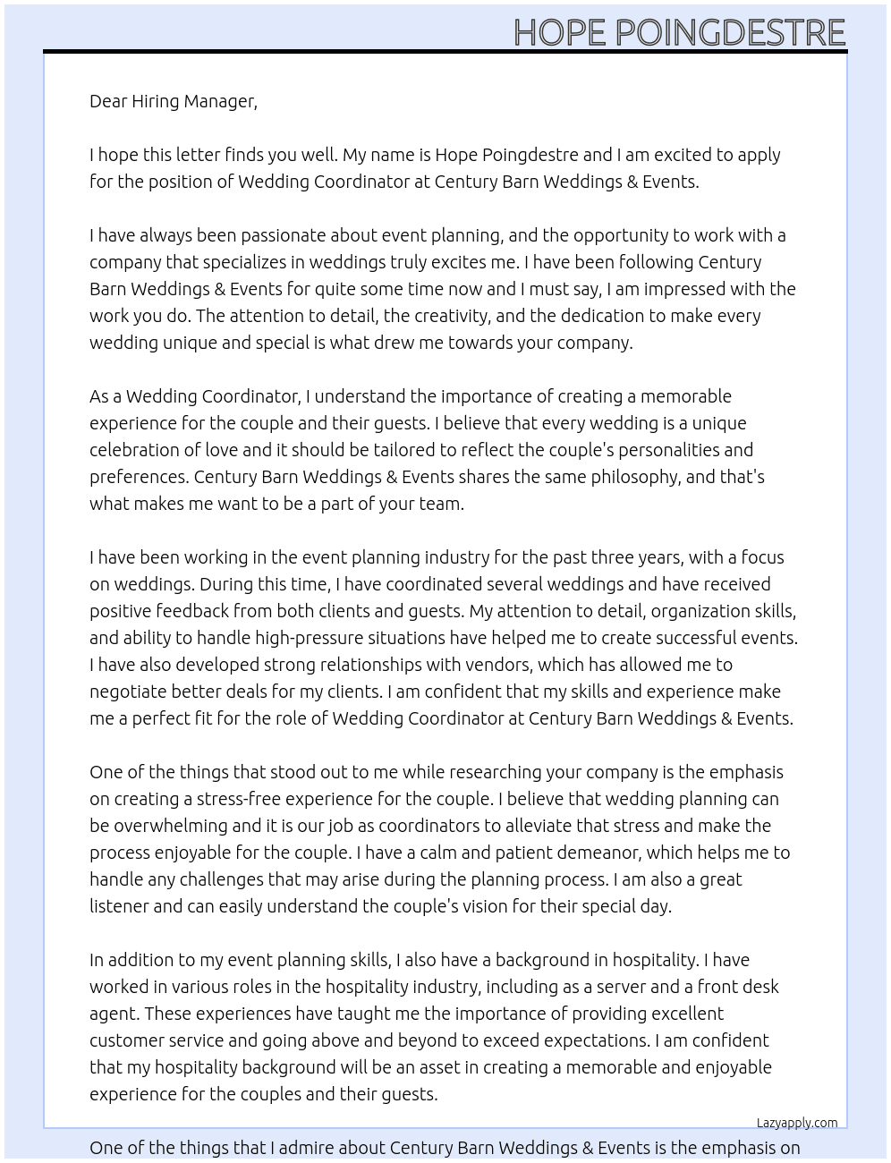 Wedding Coordinator At Century Barn Weddings & Events Cover Letter