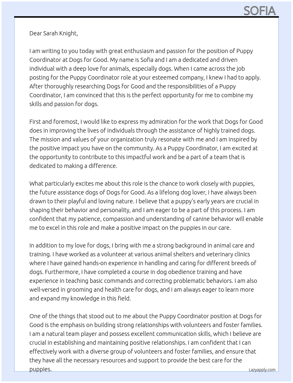 Puppy co ordinator At Dogs for good Cover Letter