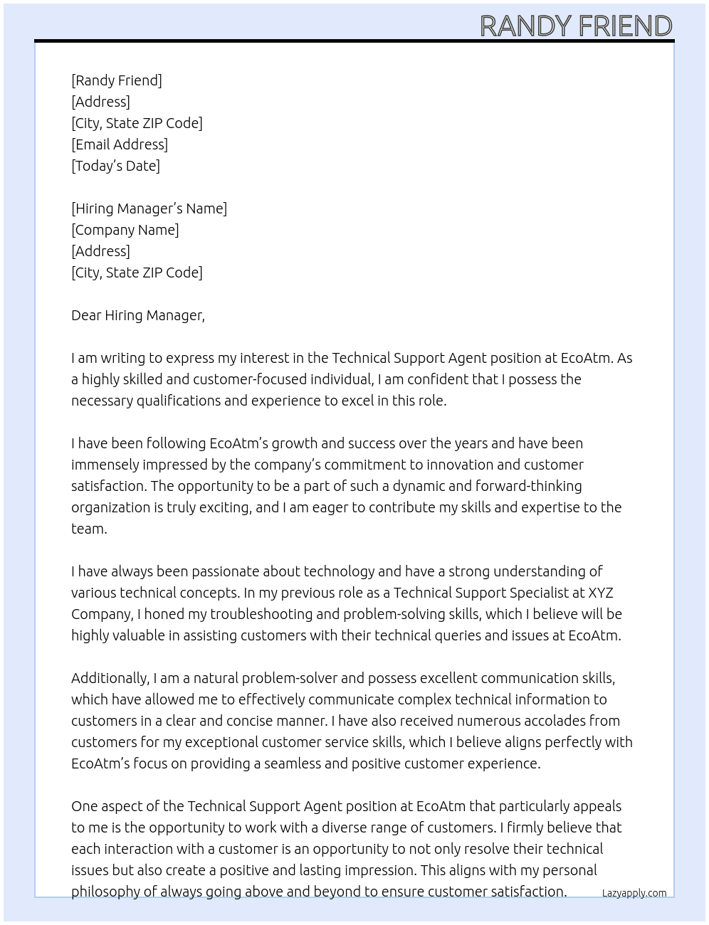 Technical support agent  At EcoAtm  Cover Letter