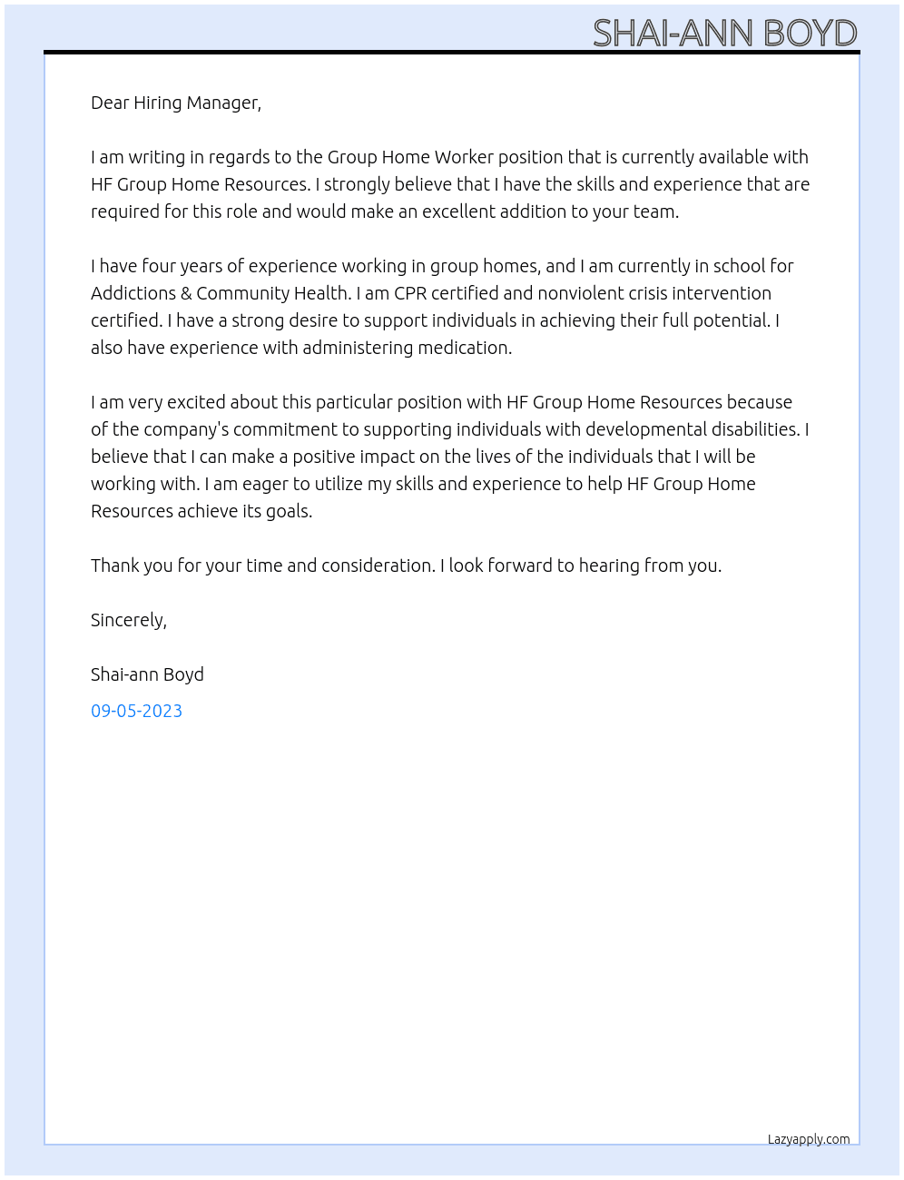 Group Home Worker  At HF Group Home Resources Cover Letter