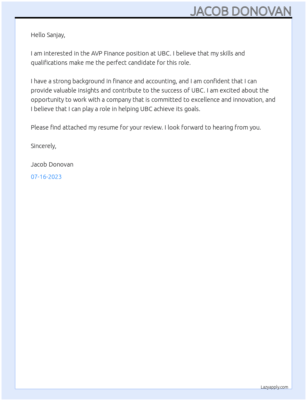 AVP Finance At UBC Cover Letter