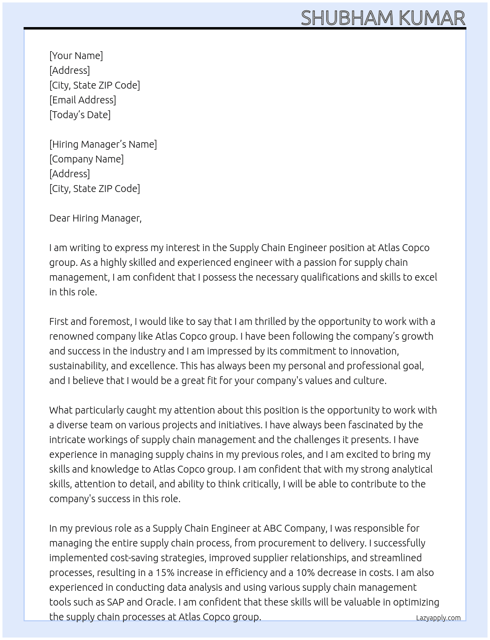 Supply Chain Engineer  At Atlas Copco group  Cover Letter