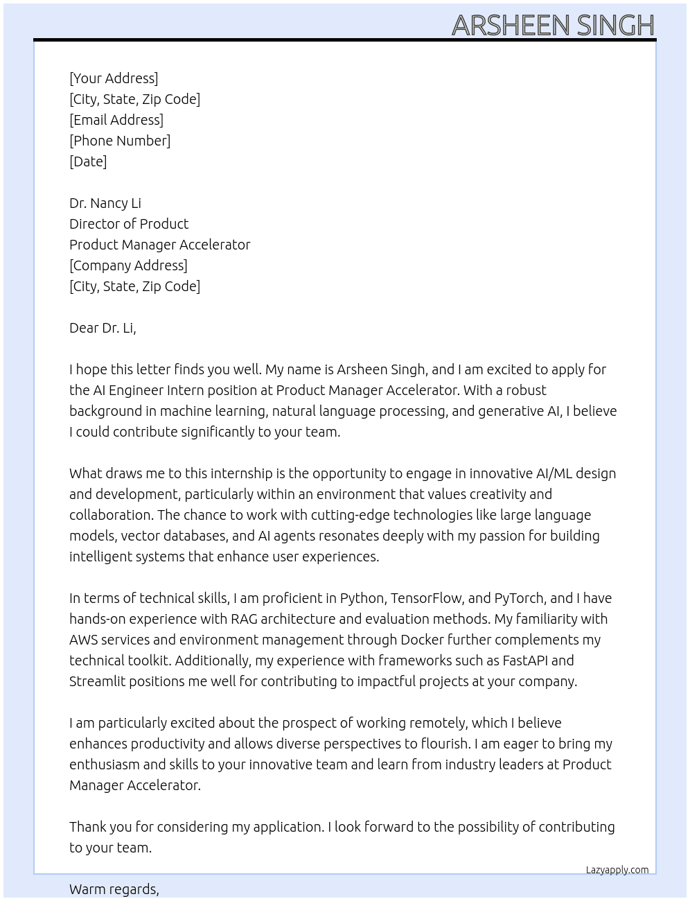 AI Engineer Intern - AI/ML/Gen AI Design & Development At Product Manager Accelerator Cover Letter