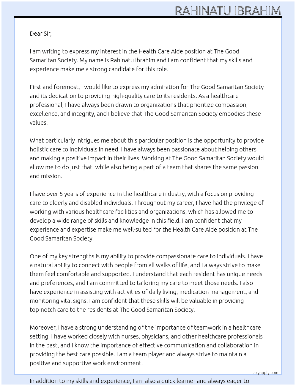 Health care aide At the good Samaritan society Cover Letter