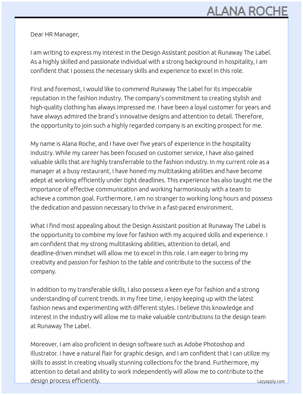 Design Assistant At Runaway The Label  Cover Letter