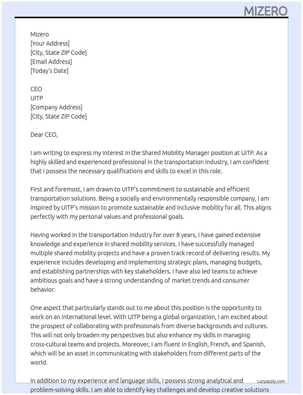 shared mobility manager At UITP Cover Letter