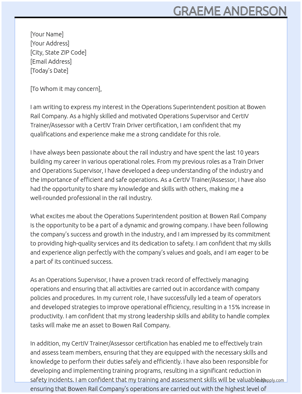 Operations Superintendent  At Bowen Rail Company  Cover Letter