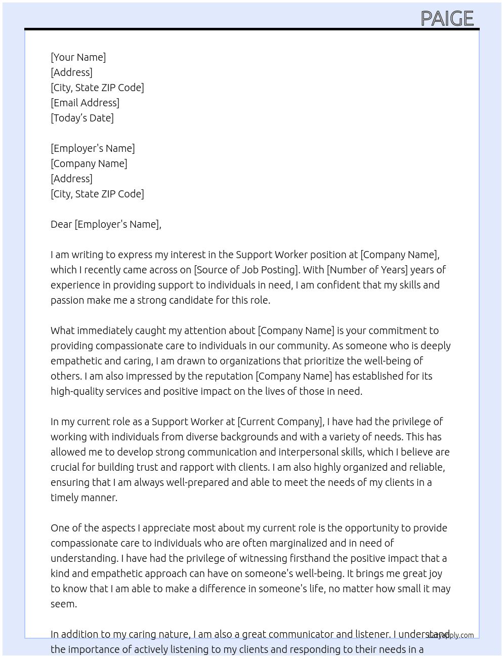 Support worker  At Support worker  Cover Letter