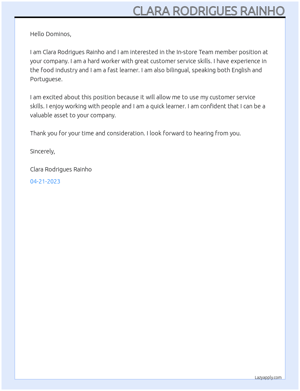 In-store Team member At Dominos  Cover Letter