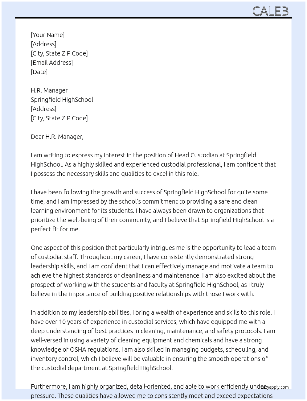Head Custodian  At Springfield HighSchool Cover Letter