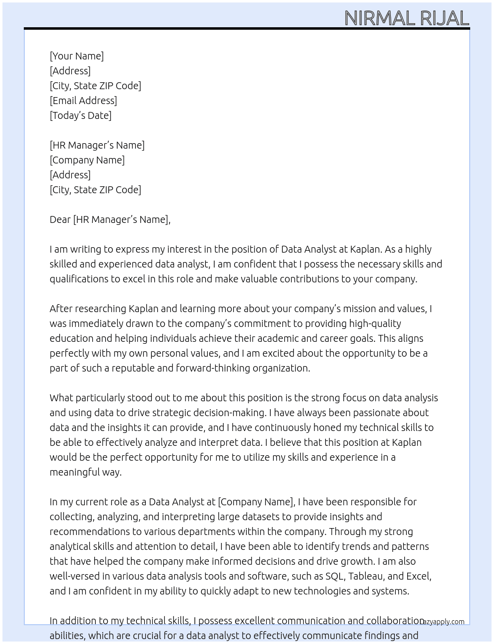 data analyst At Kaplan Cover Letter