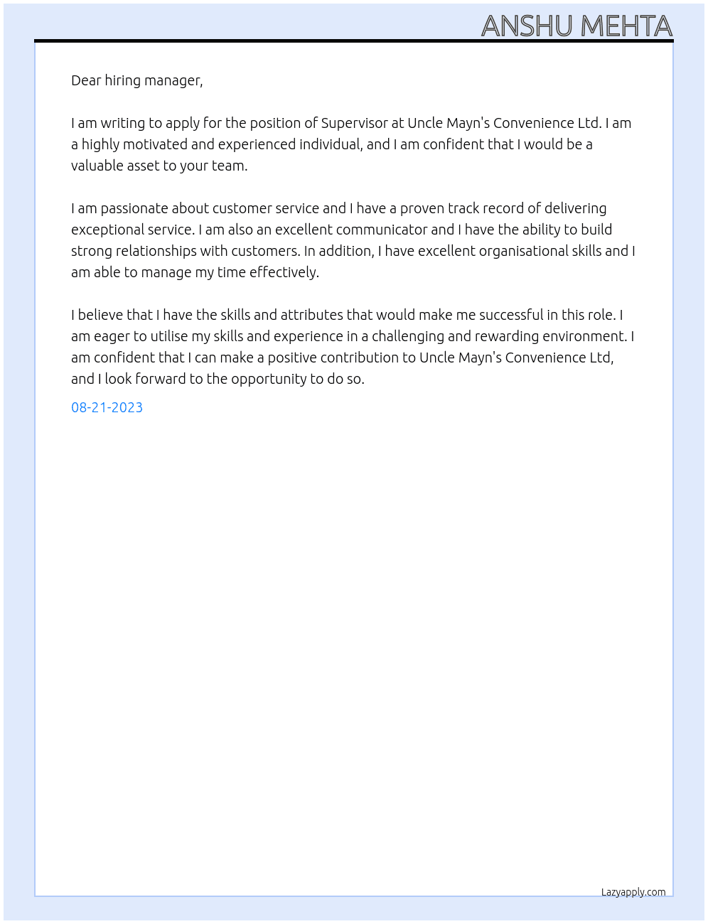 Supervisor At Uncle Mayn's Convenience Ltd Cover Letter
