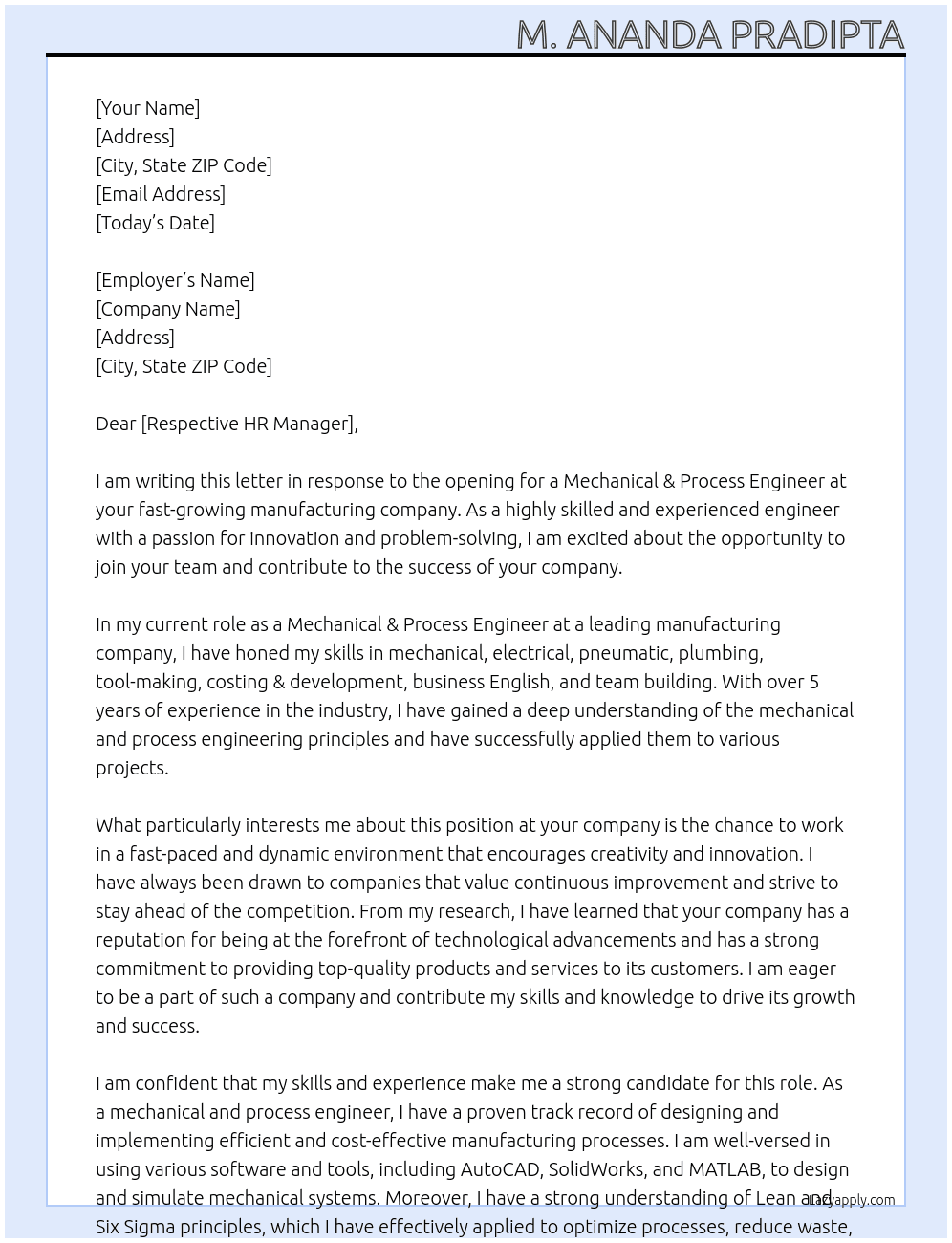 Mechanical & Process Engineer At Fast-growing manufacturing company Cover Letter