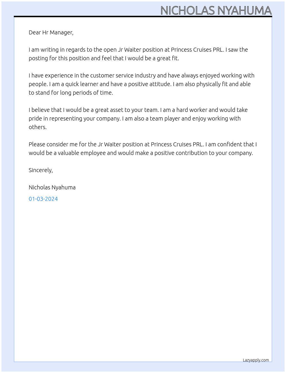 Jr Waiter At Princess Cruises PRL Cover Letter