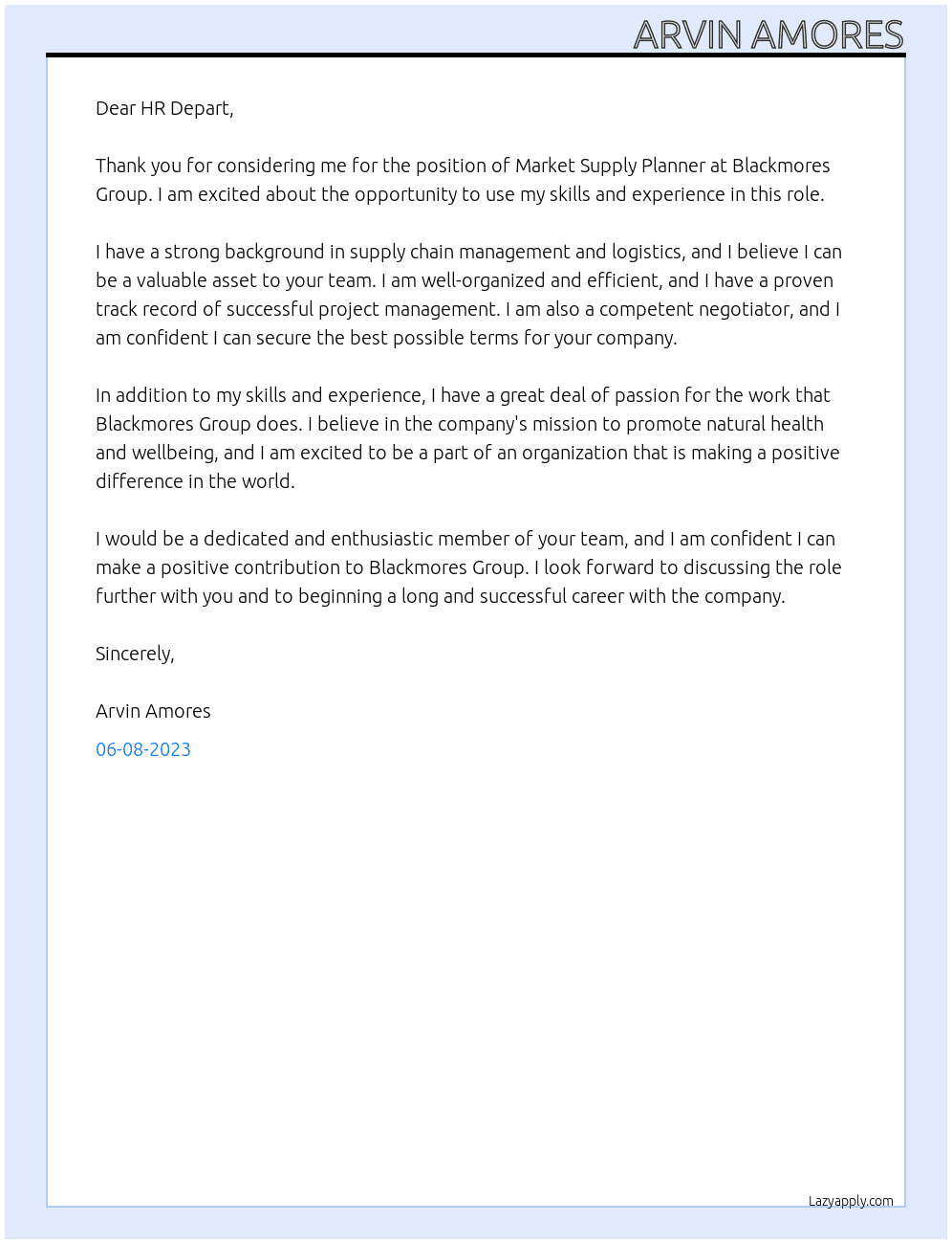Market Supply Planner At Blackmores Group  Cover Letter