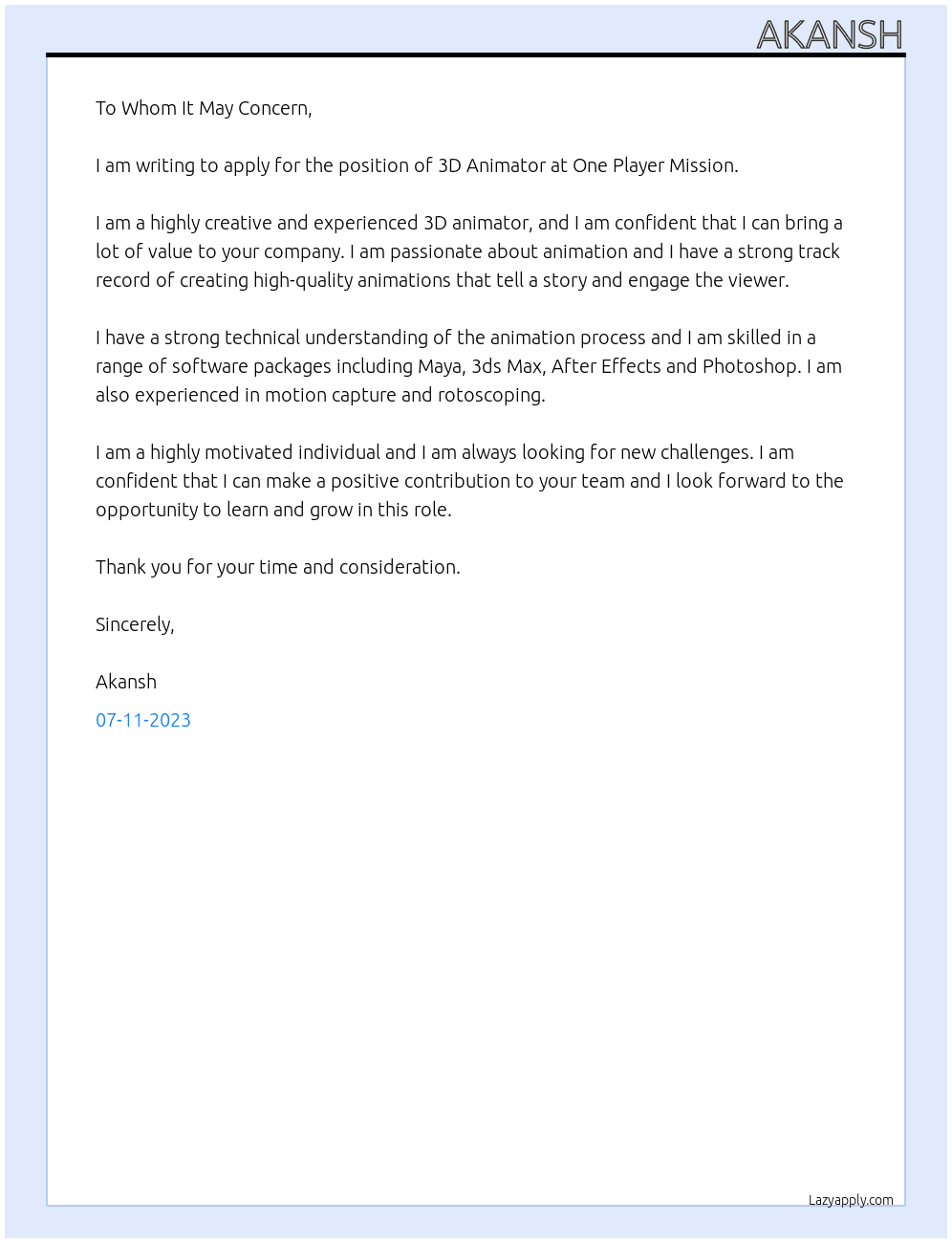 3D Animator At One Player Mission Cover Letter