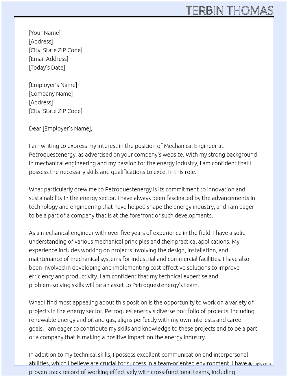 Mechanical engineer At Petroquestenergy Cover Letter