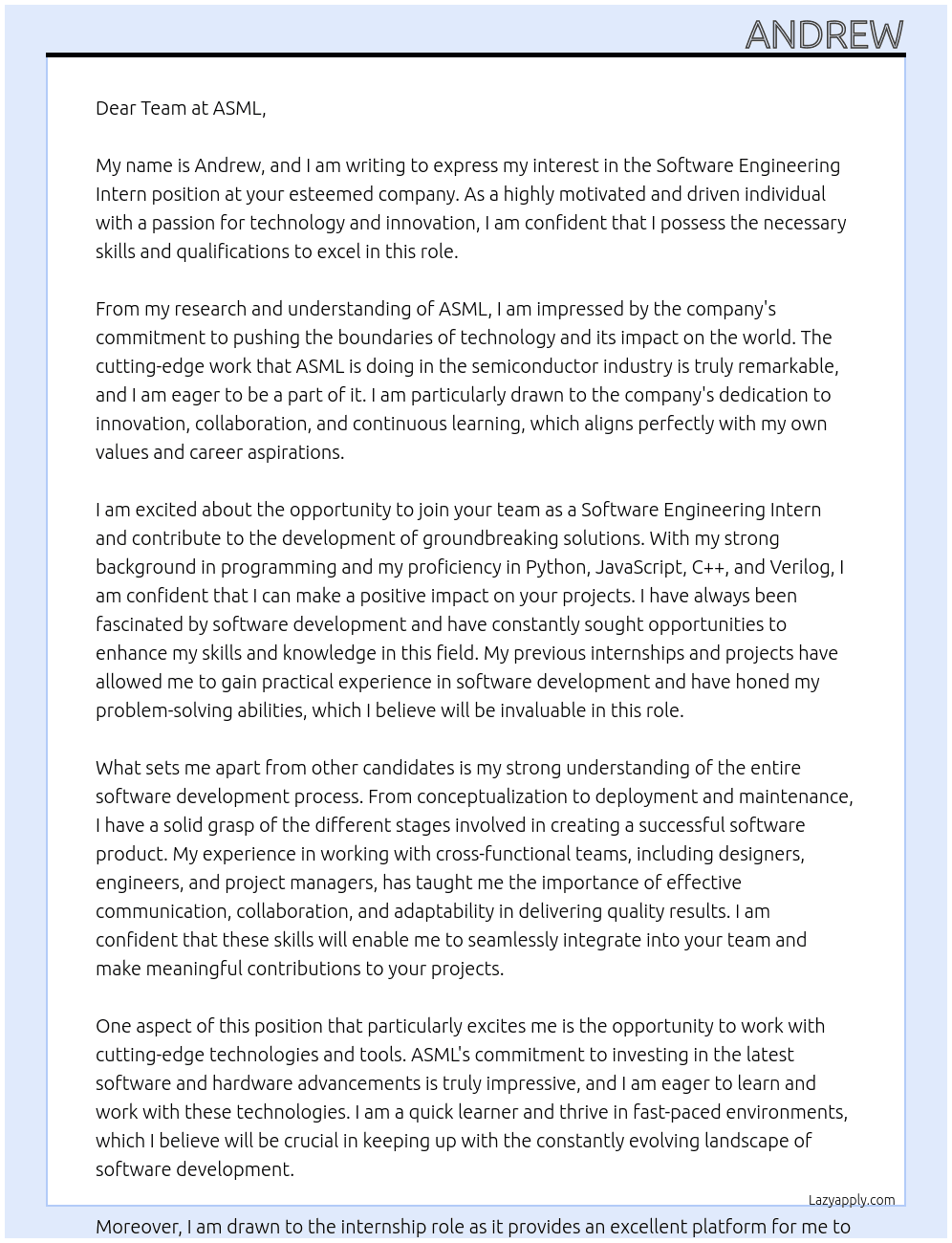 Software Engineering Intern At ASML Cover Letter
