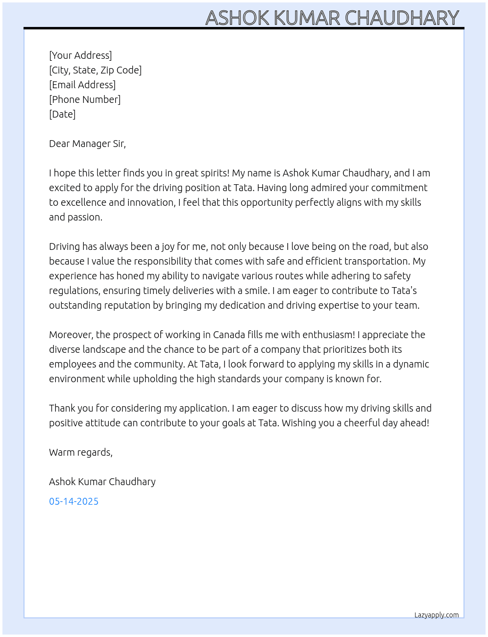 Driving  At Tata Cover Letter