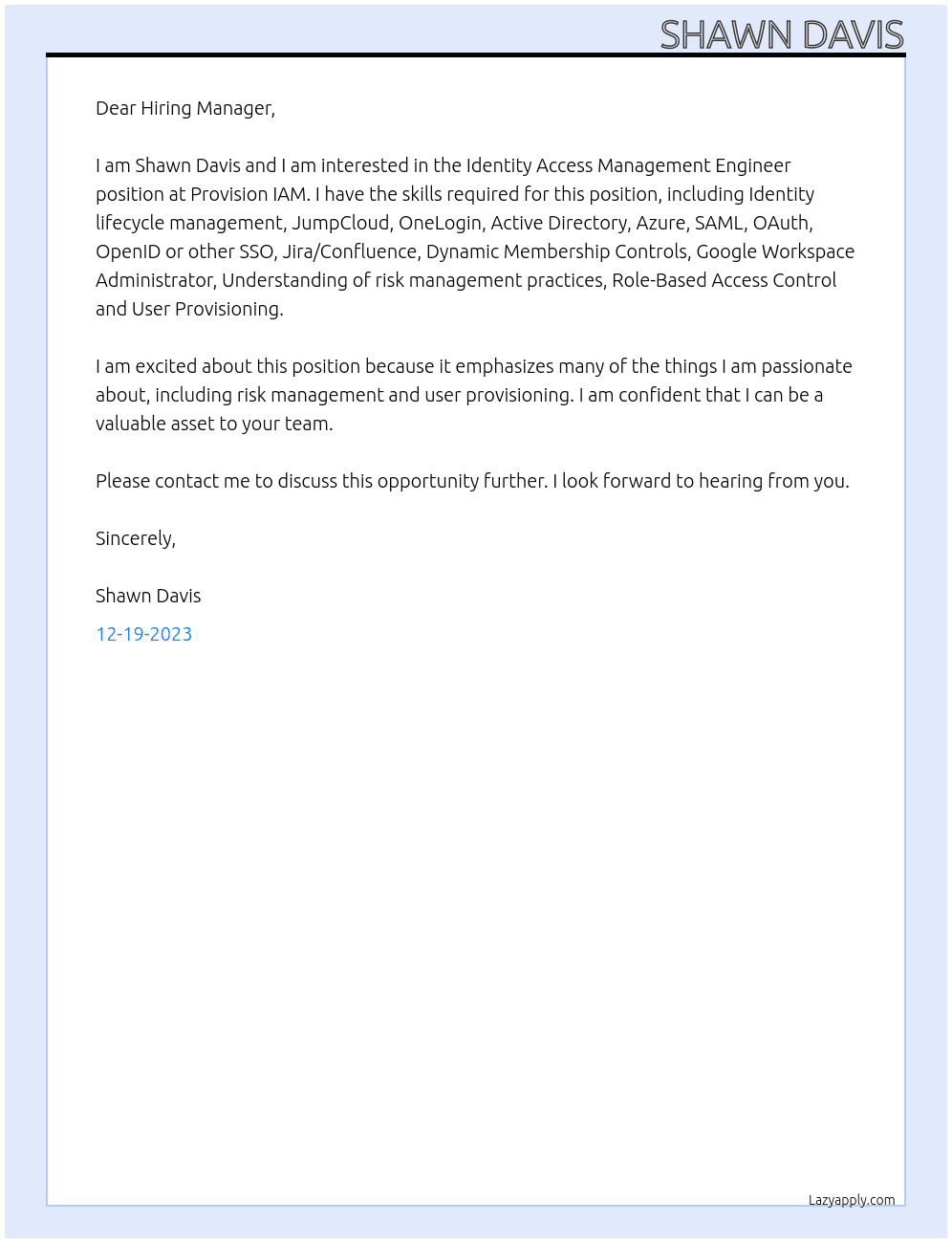 Identity Access Management Engineer At Provision IAM Cover Letter