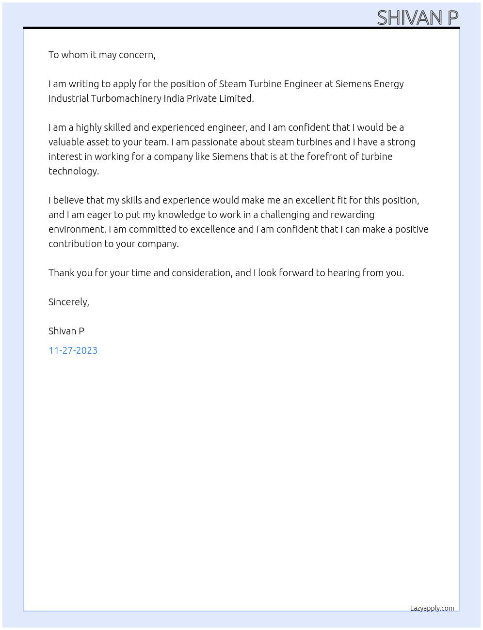 Steam turbine engeneer At Siemens Energy Industrial Turbomachinery India Private Limited Cover Letter