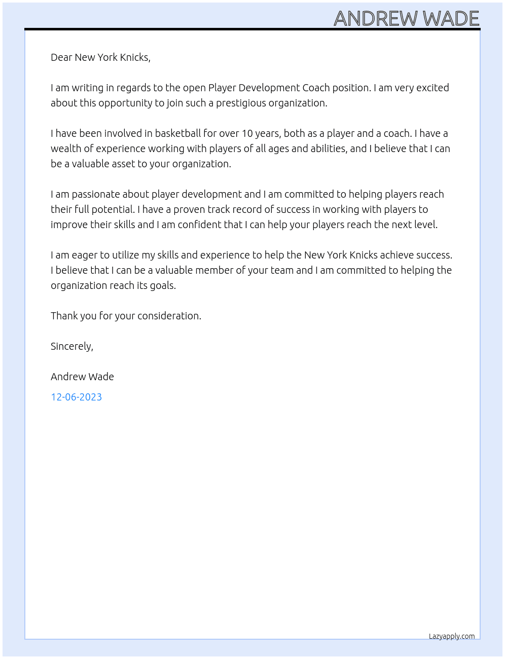 Player Development Coach At New York Knicks Cover Letter