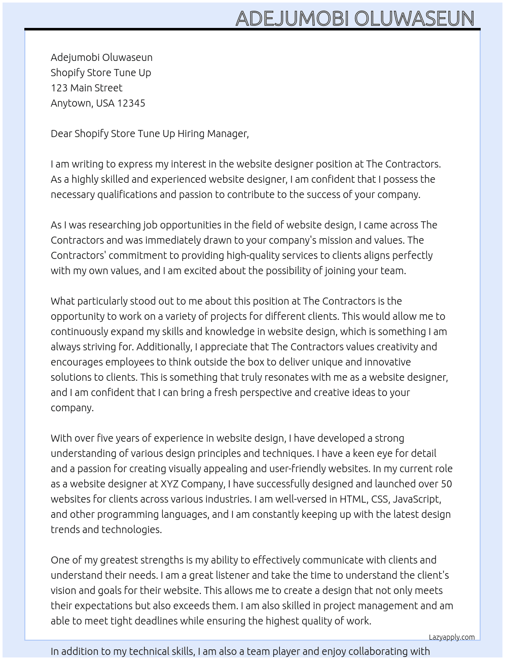 website designer At the contractors  Cover Letter
