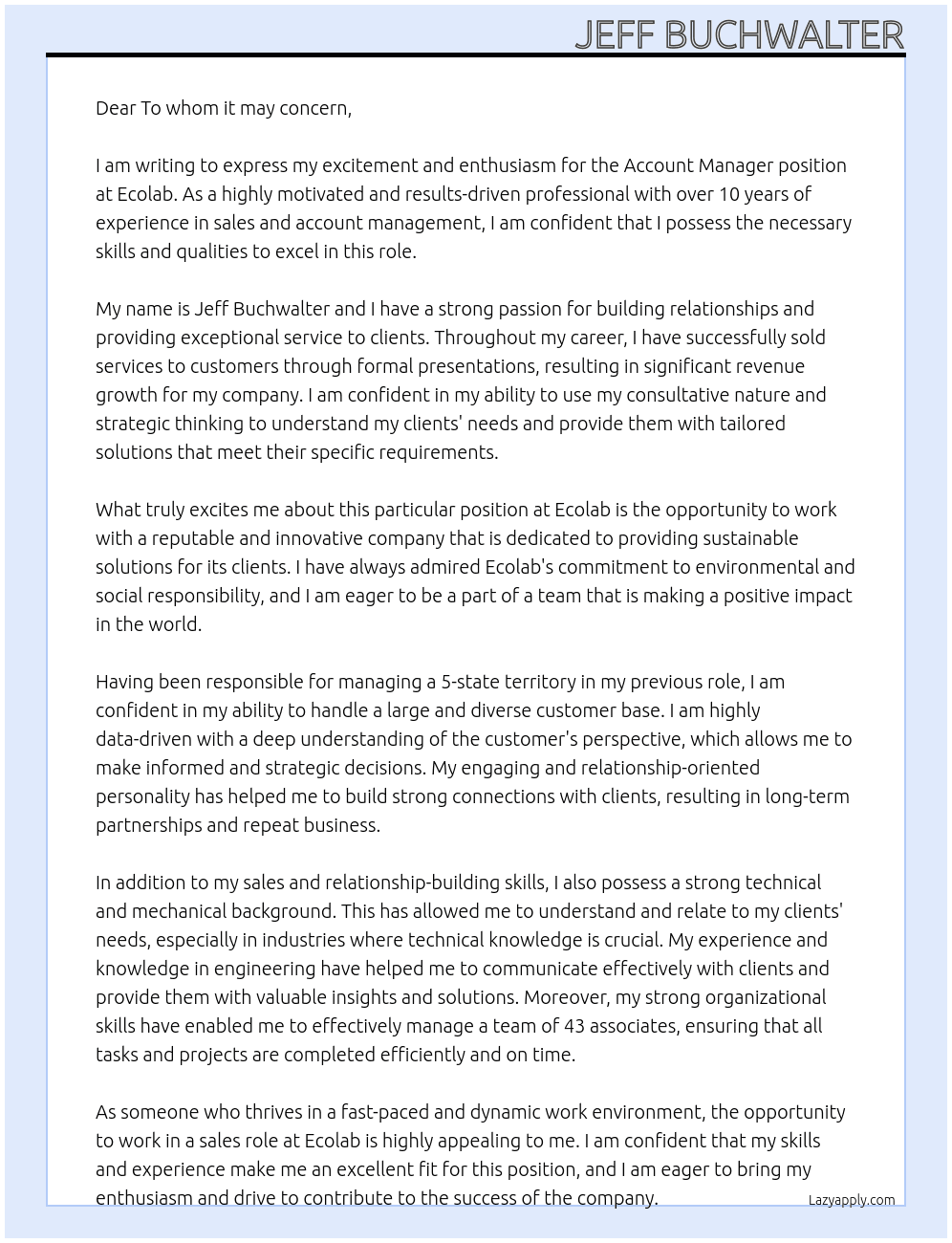 Account Manager At Ecolab Cover Letter