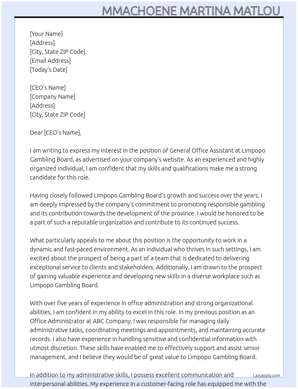 General office assistant  At Limpopo Gambling Board Cover Letter