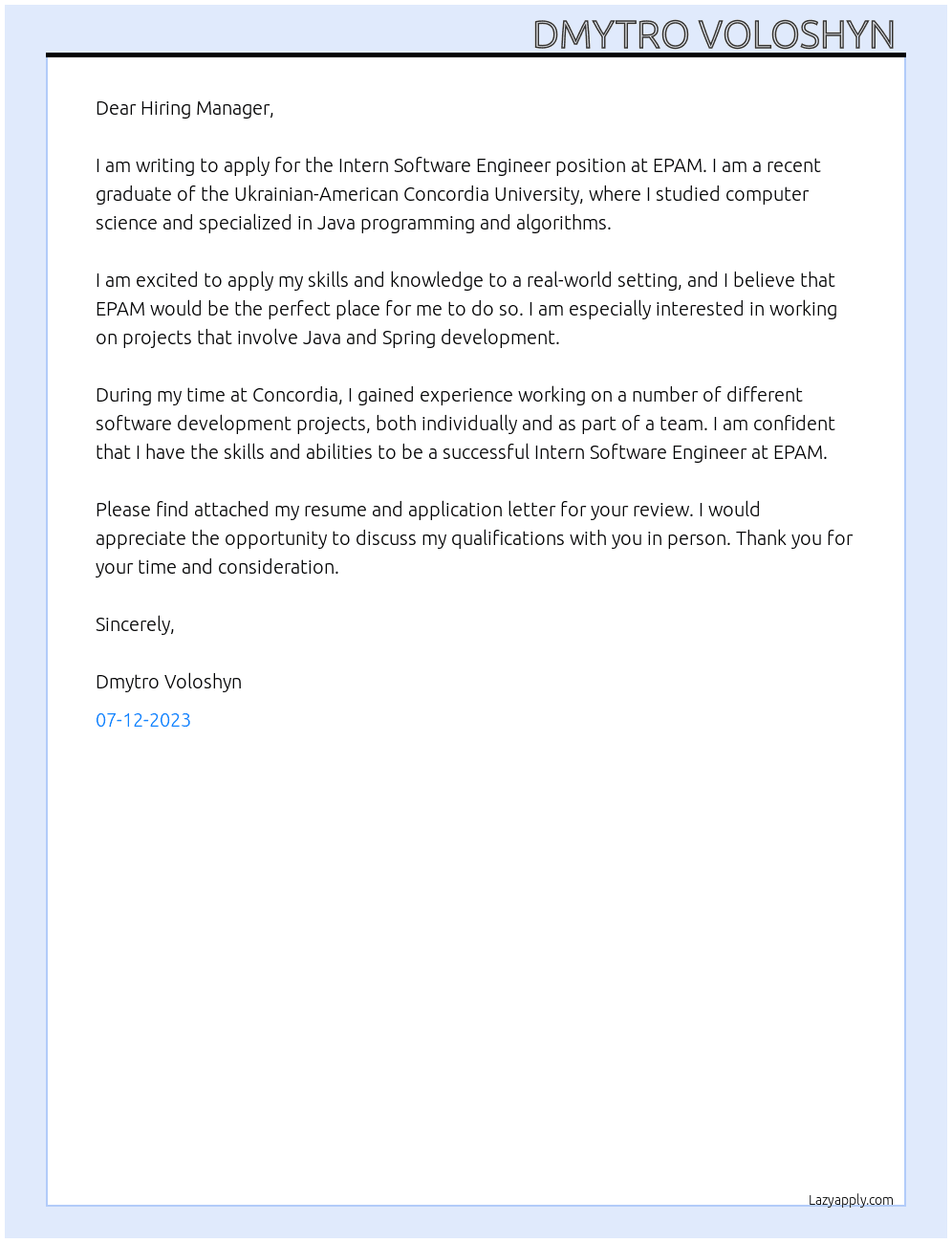 Intern Software Engineer  At EPAM Cover Letter