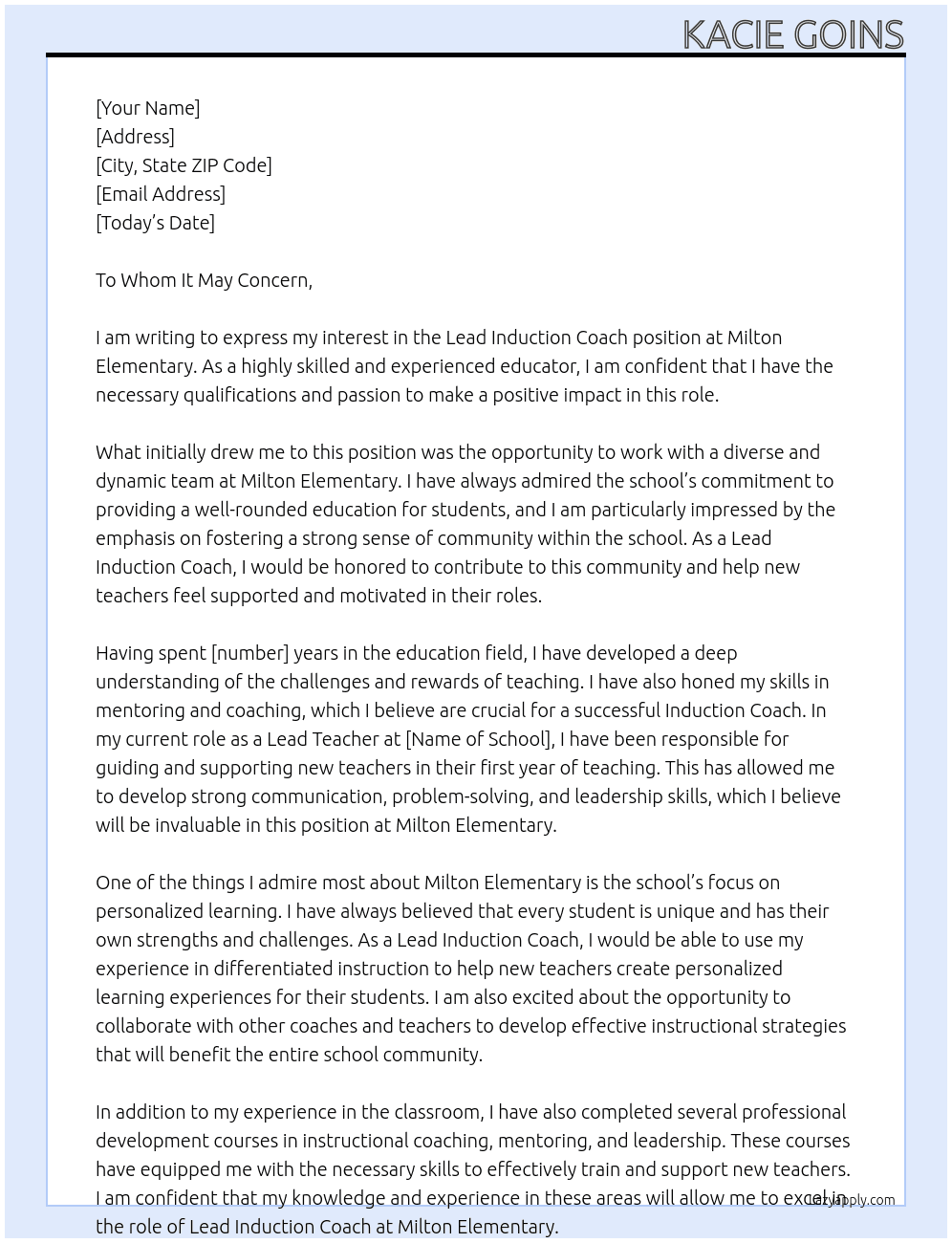 lead induction coach  At Milton Elementary  Cover Letter
