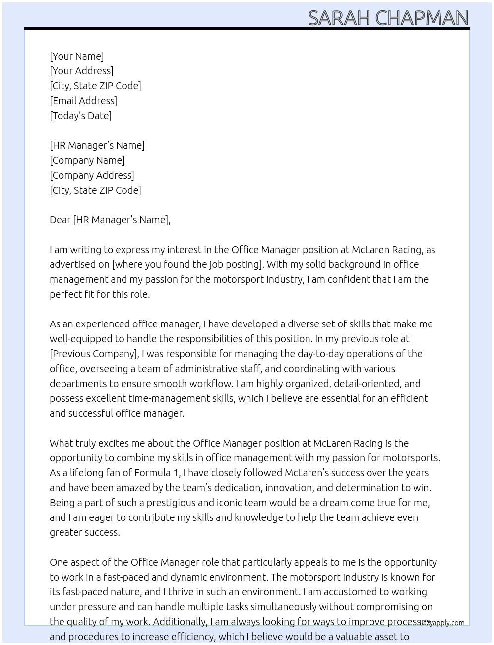 Office Manager At McLaren Racing Cover Letter