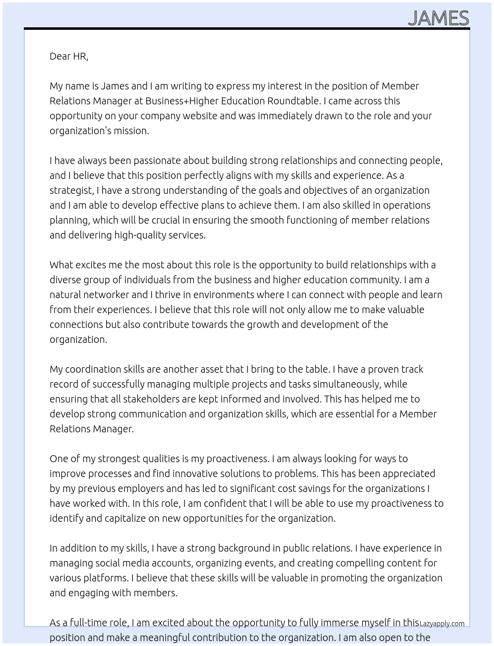 MEMBER RELATIONS MANAGER At Business+Higher Education Roundtable Cover Letter