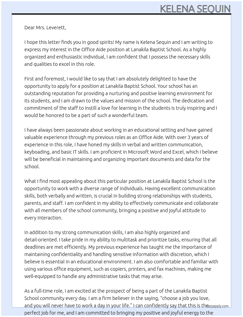 Cover letter for office aide - LazyApply