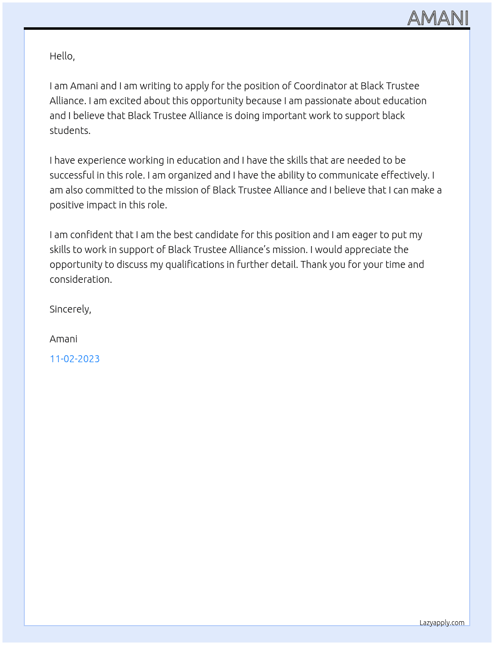 Coordinator At Black Trustee Alliance Cover Letter