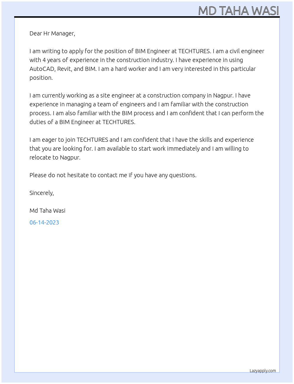 BIM At TECHTURES Cover Letter