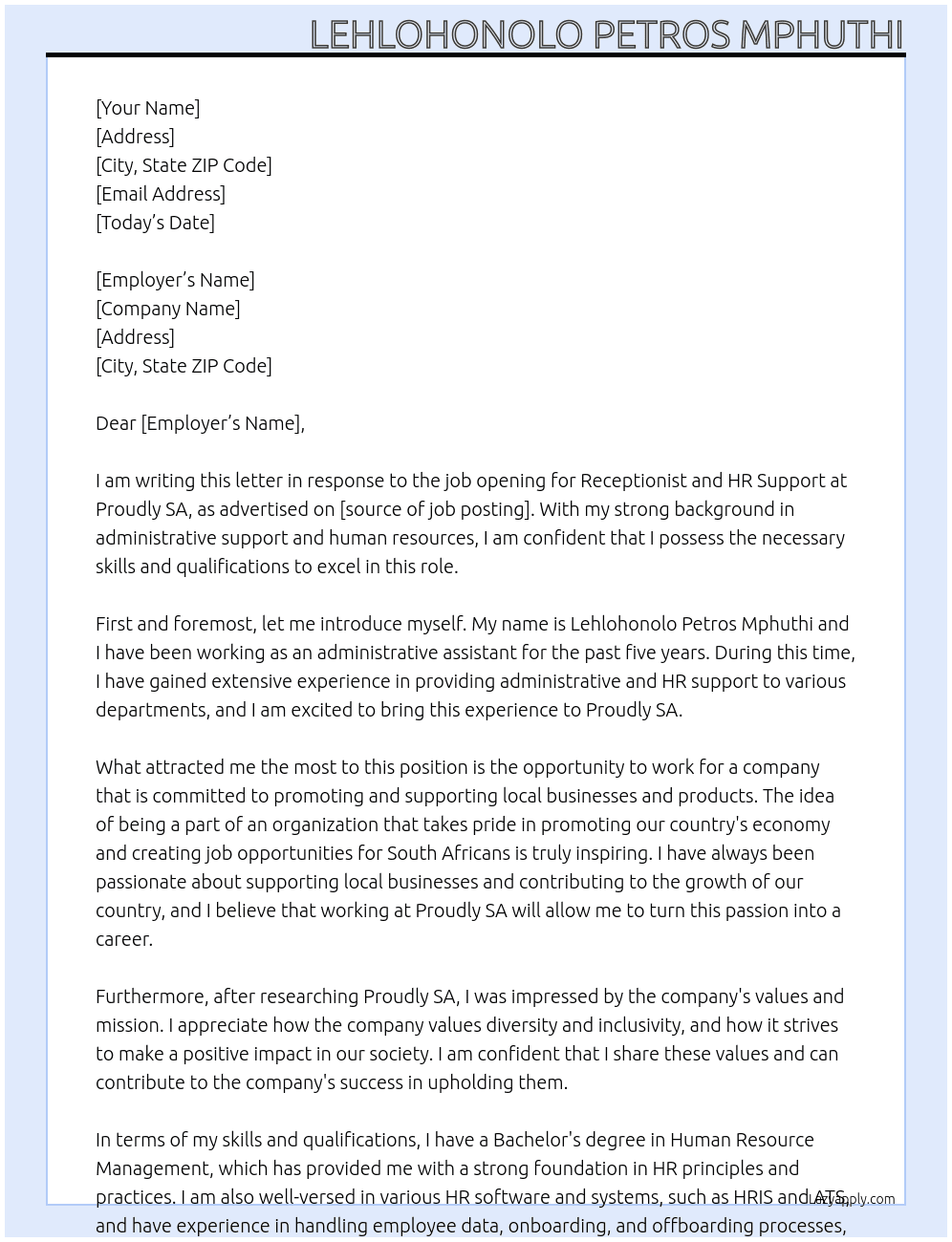 Receptionist and HR Support At Proudly SA  Cover Letter