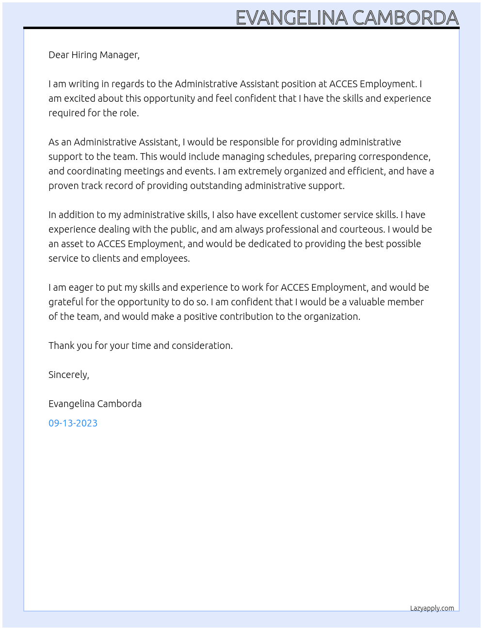 Administrative Assistant non profit At ACCES Employment Cover Letter