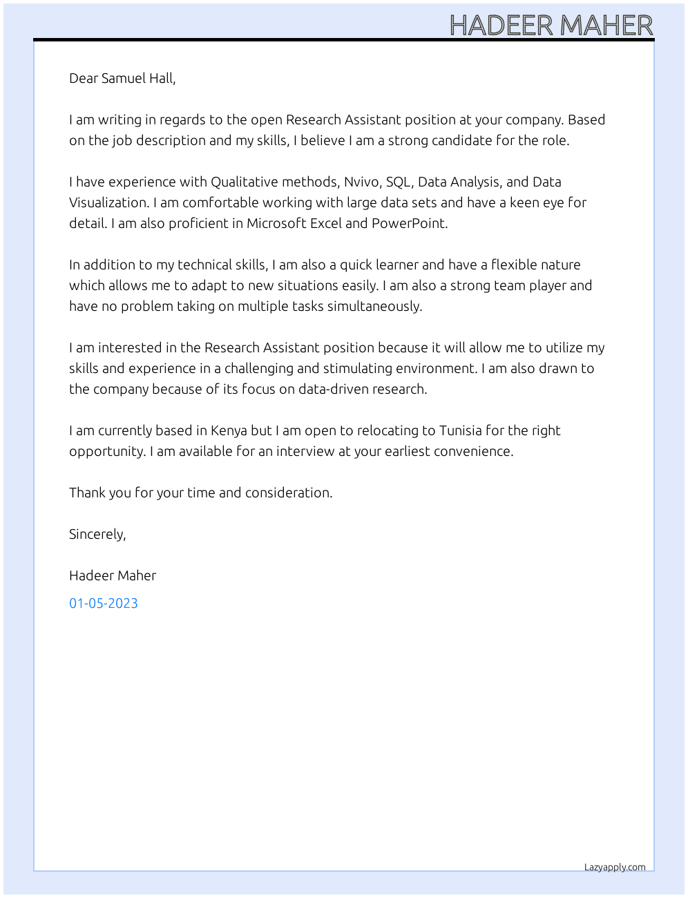 Research Assistant At Samuel Hall Cover Letter