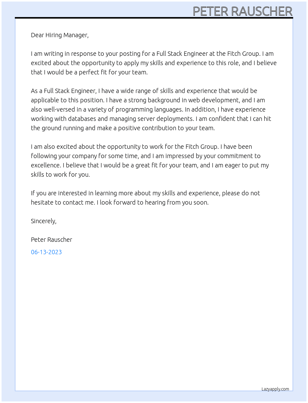 Full Stack Engineer At Fitch Group Cover Letter