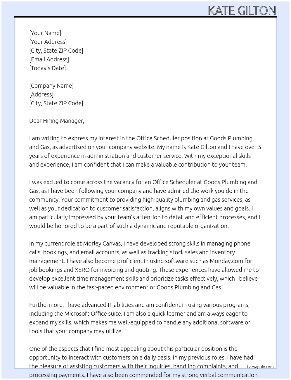 Office Scheduler At Goods Plumbing and Gas Cover Letter