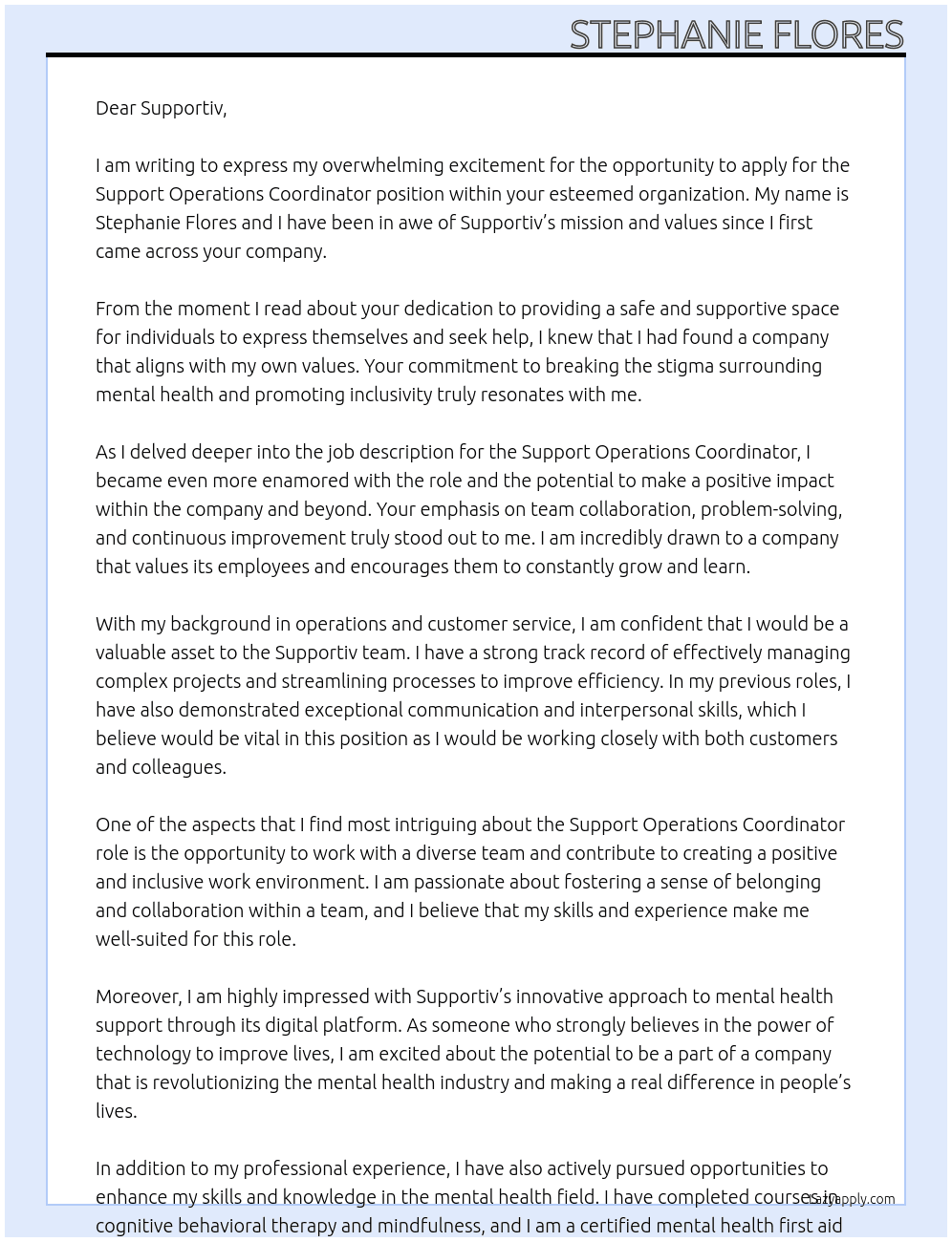 Support Operations Coordinator At Supportiv Cover Letter