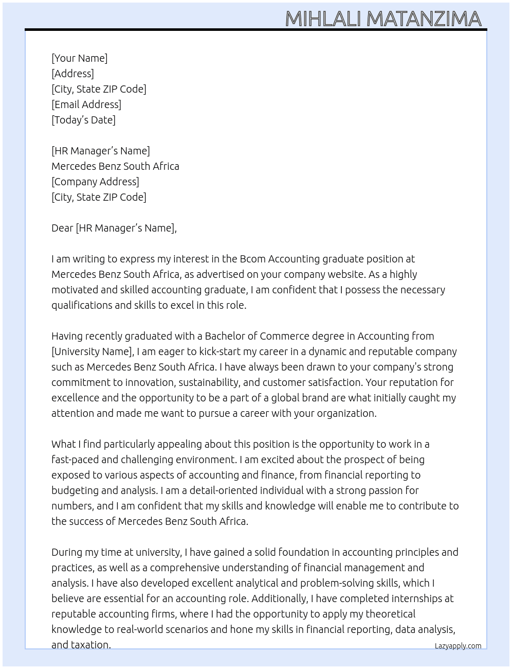 Bcom Accounting graduate  At Mercedes Benz South Africa Cover Letter