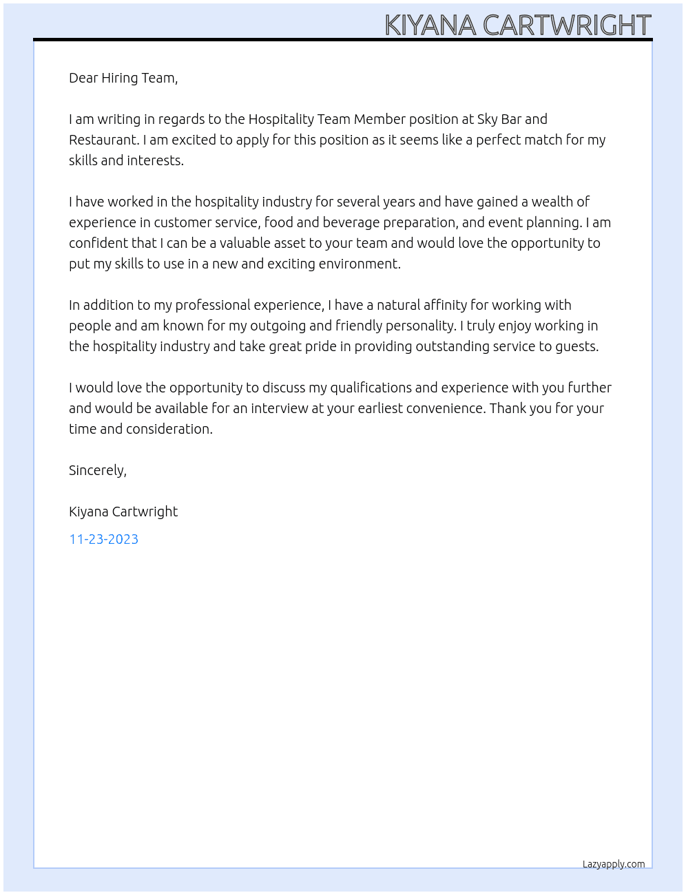 Hospitality team member At Sky bar and restaurant  Cover Letter