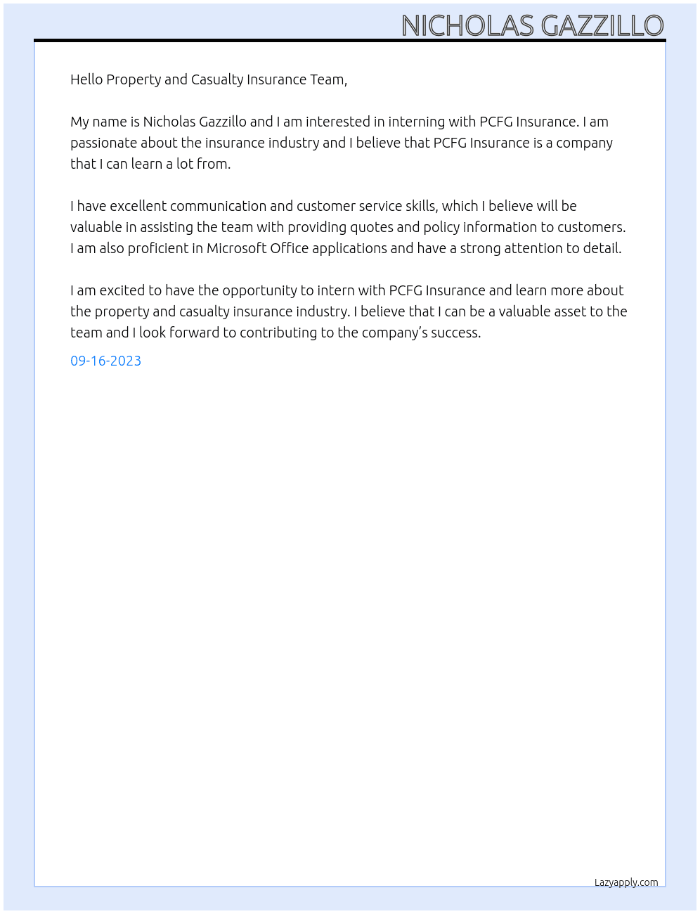 Insurance intern At PCFG Insurance Cover Letter